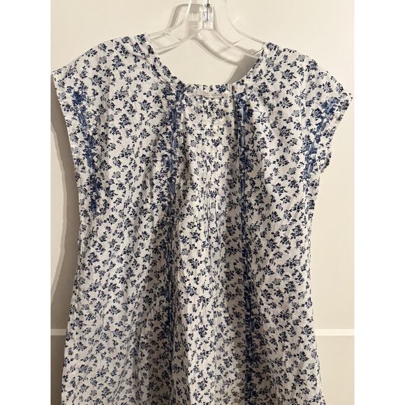 Floral Tunic Blouse Womens Medium White Blue 100% Cotton Tie Waist Boho Top - Picture 2 of 7